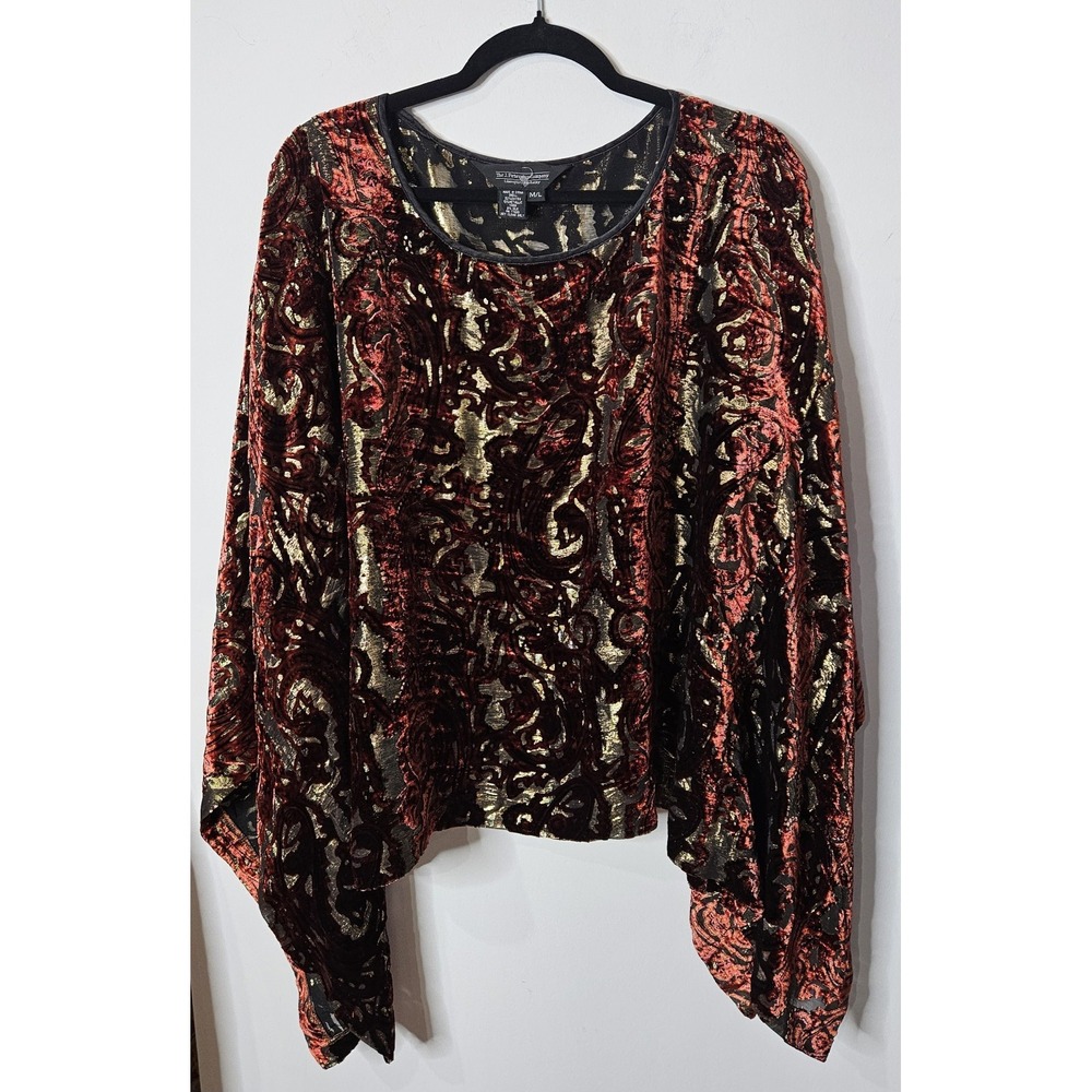 J Peterman Burnout Velvet Poncho Top Womens M L Red Black Boho Dramatic